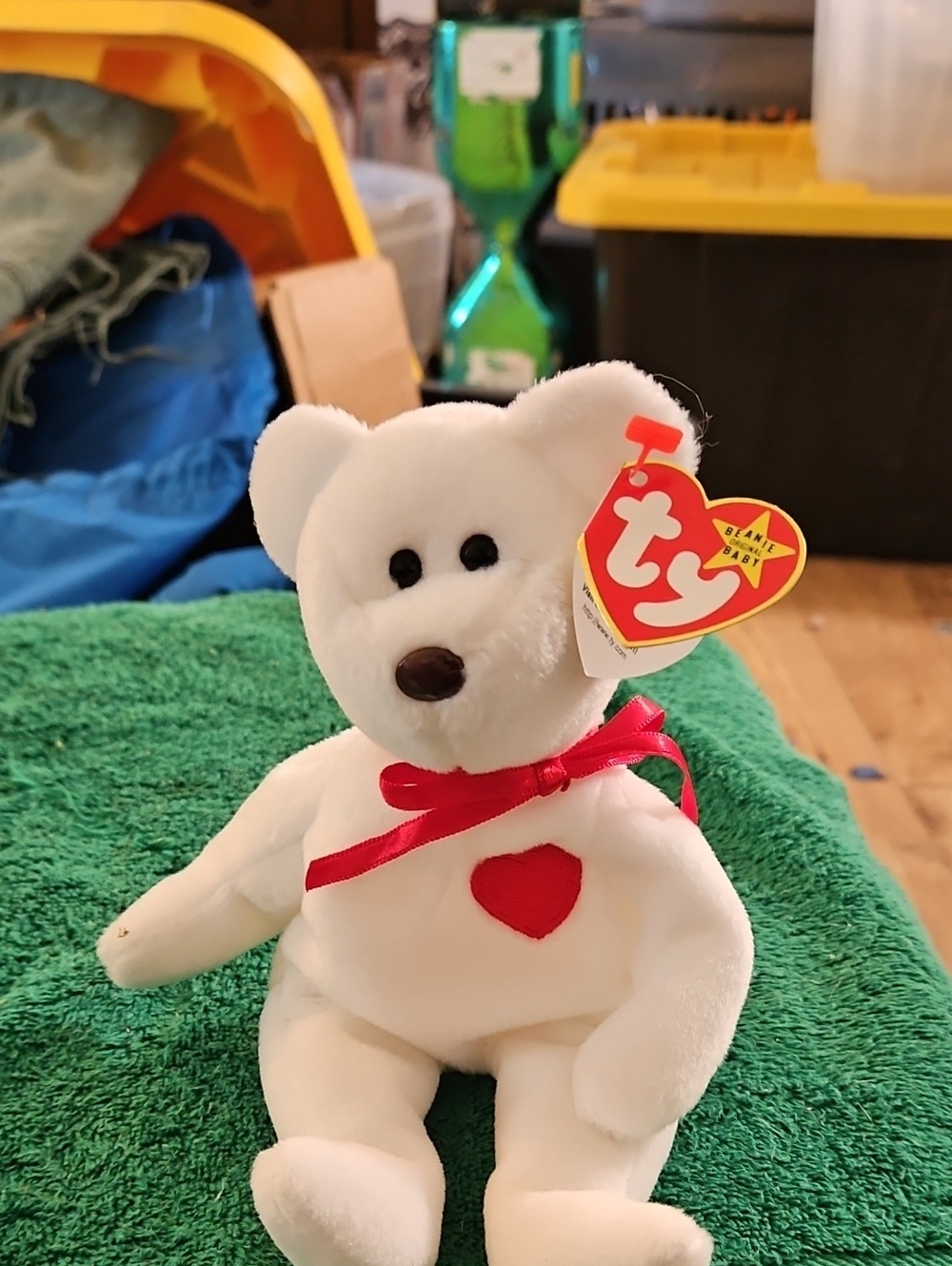 Ty White Plush Bear with Red Heart and Red Ribbon